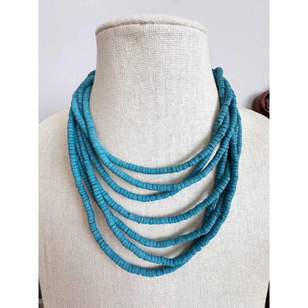 Vintage Blue Wood Heishi Bead Multistrand Tiered Beachy Summer Collar Necklace
